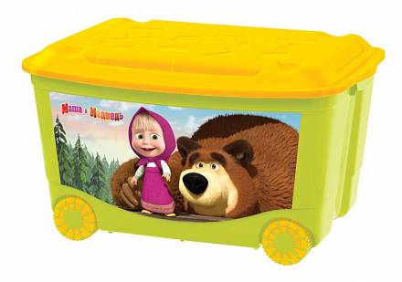 Ящик для игрушек на колесах с аппликацией "Маша и Медведь", зелёный 